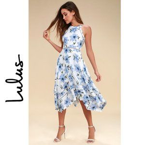 NWOT Lulus Zahara Blue and White Floral Print Midi Dress